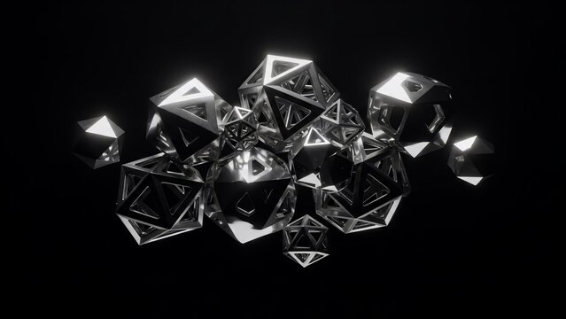 Abstract Geometric Icosahedrons Cluster Dark Background.