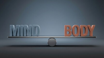 Mind and body on balanced seesaw with fulcrum, 3D rendering for wellbeing.