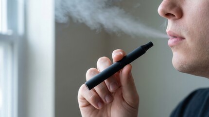 Close-up profile of person vaping an e-cigarette with vapor for public health.