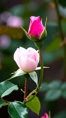 Two roses, pink and white