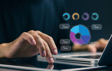 A professional interacts with a digital analytics dashboard showing charts and data visualization, representing big data analysis, performance tracking, business intelligence, and decision making.