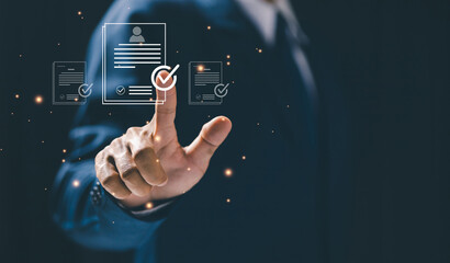 A professional selects a verified digital resume interface, representing HR recruitment, candidate screening, document verification, hiring process automation, and talent management systems.