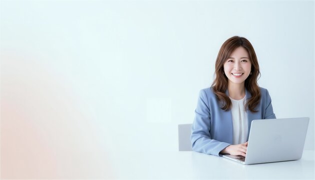 ブルーのジャケットを着てパソコンで作業する女性