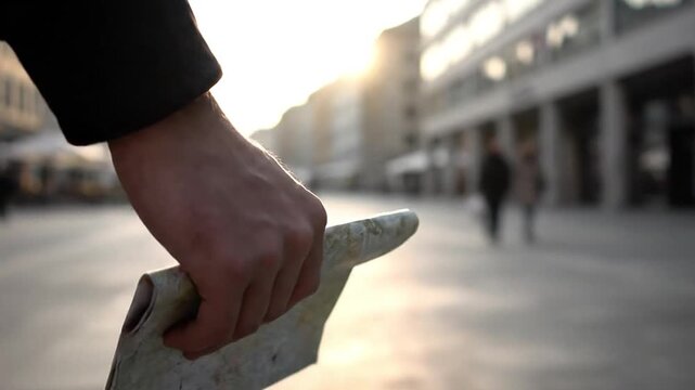 Hand holding folded map navigating city street during bright sunrise or sunset light travel adventure urban exploration journey discovery