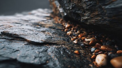 A rocky shoreline with a large rock in the foreground. The rock is covered in dirt and has a few small rocks on top of it. The scene is peaceful and serene, with the rocks