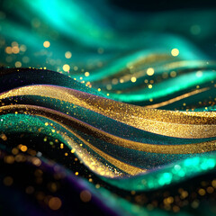 Glitter Golden Emerald Wave Stripes Design Sparkle Motion Lines with bokeh effect background