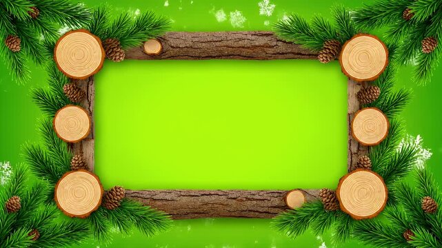 A festive Christmas wood frame with pine on a green screen.