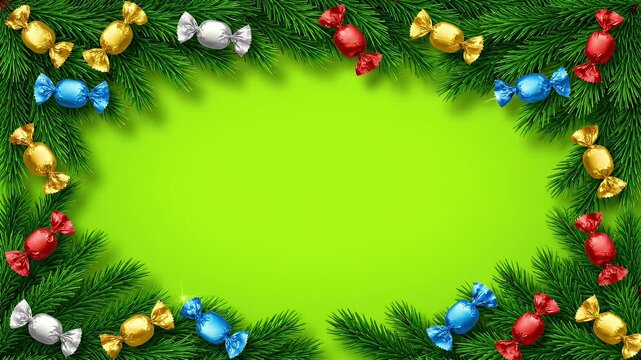 Festive christmas border with pine branches and wrapped sweets