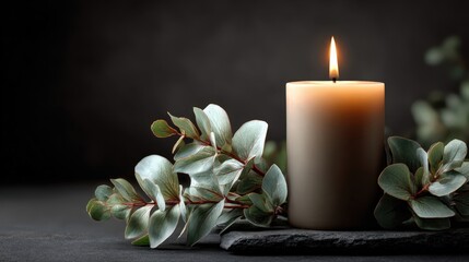 Beige candle with eucalyptus branch on dark grey background conveys relaxation and aromatherapy experience