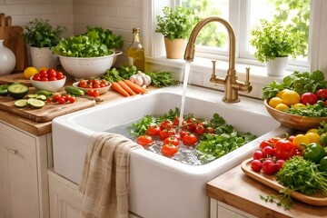 Fresh Kitchen Sink with Vegetables for Healthy Lifestyle and Home Interior Marketing