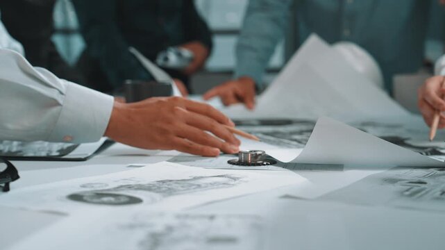 A dynamic scene of hands engaged in a business meeting, interacting over important documents and charts, showcasing a collaborative environment in a modern office. SACTR