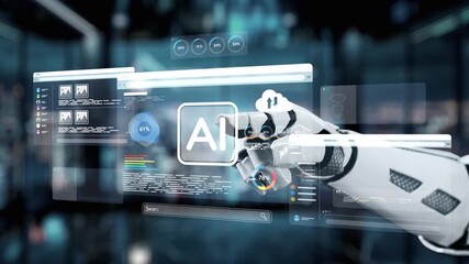 A futuristic robotic hand interacts with an advanced digital interface showcasing AI technology and data analytics in a sleek and modern technological environment. Auvana - Powered by Adobe