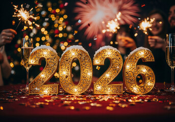 Festive New Year's Eve 2026 Celebration with Golden Illuminated Numbers, Sparkling Lights, and Joyful People Toasting to the Future