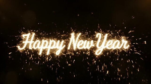 Happy New Year written in a script font with bright, golden sparkler effect particles against a deep black background for a heartfelt message