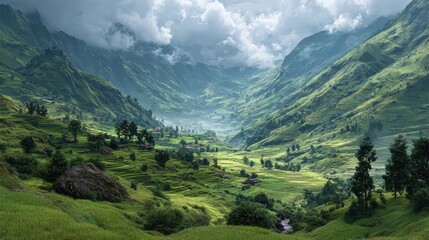 Fototapeta premium Lush Green Rice Terraces cascade down misty mountains in Longsheng County, Guangxi Province, China