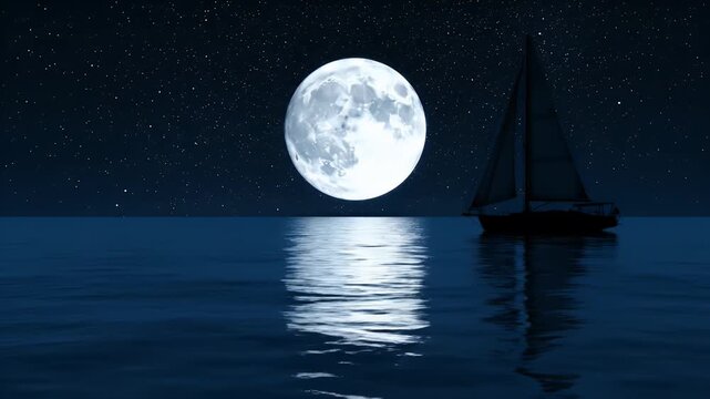 Sailboat on the ocean at night with a full moon reflection.