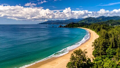 Aerial view of a stunning tropical coastline with sandy beach and sea
