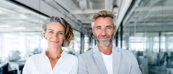 Professional business man and woman in modern corporate office, confident and approachable expressions. Executive team portrait for consulting firms and enterprise branding