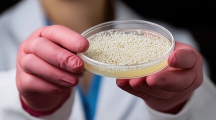 Scientist holding petri dish filled with white beads in laboratory setting