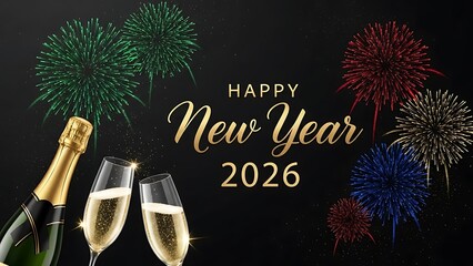 Happy New Year 2026 festive greeting with champagne and fireworks