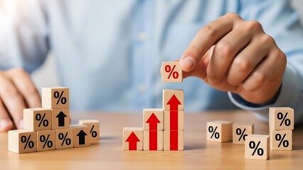 Businessman analyzing financial growth with percentage blocks on wooden desk