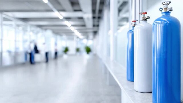 Medical Gas Cylinders: A row of medical gas cylinders, painted in vibrant blue and pristine white, stand in a clean and sterile medical facility, symbolizing life support.
