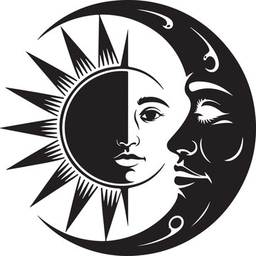 Sun And Moon Face Combination With Split Features In Black And White celestial