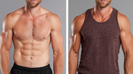 Man's physique transformation displaying improved muscle tone and definition, showcasing progress and physical fitness results over time