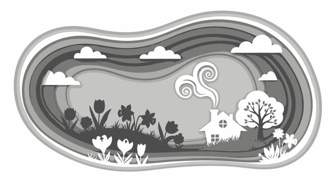 Serene landscape with layered paper cutout design featuring a house and flowers.