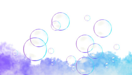 Clear iridescent soap bubbles floating over purple and blue abstract soap foam on PNG background