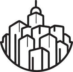 Black and white vector illustration of a stylized city skyline with abstract buildings architecture