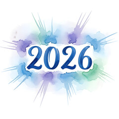 Naklejka premium 2026 New Year number on watercolor splash background, blue and purple paint splatters, artistic calendar year 2026 typography for holiday cards