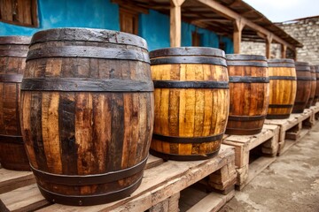 Wooden barrels aging wine storing in rustic cellar