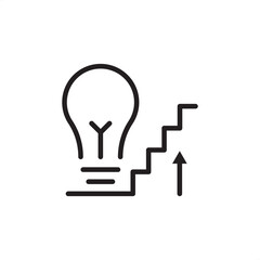 Minimalist line art icon of a lightbulb next to a rising staircase with an upward arrow. Ideal for representing creative growth, innovative progress, startup success, and strategic idea development.
