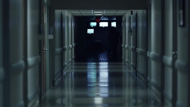 Dimly lit hospital corridor with silhouettes of people walking. A haunting atmosphere reflecting the emotional weight of healthcare environments