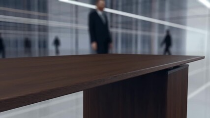 Close-up of a modern wooden desk in a corporate office environment. Represents professionalism and workspace productivity