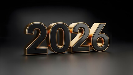 Elegant 3d rendering of the year 2026 in black and gold on a dark reflective surface, symbolizing future and luxury