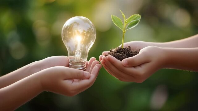 女性が苗木と電球を大切に持つ
