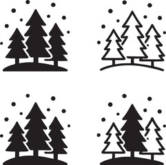 Isolated Snowy Forest Scene Silhouette Icons, Snowy Forest Black Minimal Vector Icons, Trees Covered Snow Minimal Winter Scene Clean Vector Landscape, Clean Modern App Web Design Icons