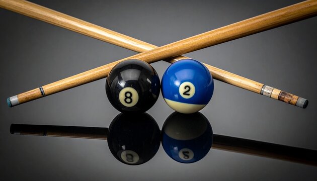 Black 8-ball and blue 2-ball with cue stick on reflective surface showcasing precision and game symbolism