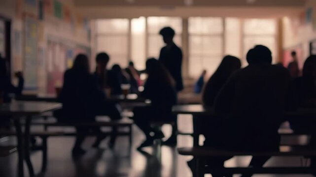 Students socializing in a school cafeteria, creating a lively atmosphere of friendship and community. Perfect for educational and youth-related content