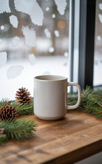 Cozy winter mug mockup on a wooden windowsill with pine branches and snow outside&mdash;clean horizontal scene with ample copy space, ideal for logo placement, sublimation previews, product listings.