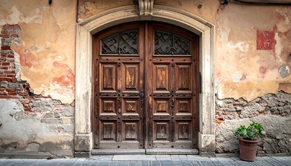 Ornate double wooden doors set into a weathered stucco facade