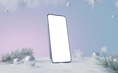 minimalist winter mockup with modern smartphone and blank white screen among pine branches, silver baubles and snowflakes, pastel gradient background perfect for Christmas sales, app promo.