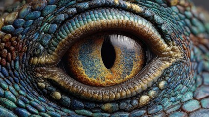 Naklejka premium Reptile eye close up showing incredible detail and texture, lizard eye detail with colorful scales, reptile texture