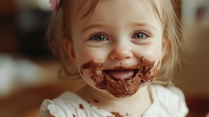 Naklejka premium Joyful baby covered in chocolate from a messy treat.
