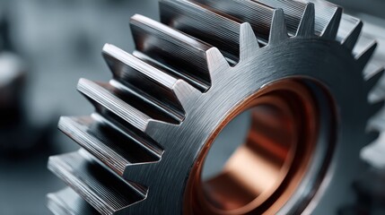 Metallic gear mechanism with clean lines and soft lighting, featuring intricate details and a minimalist Grey backdrop