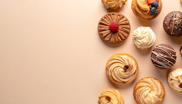 sweet desserts and cookies on a beige background
