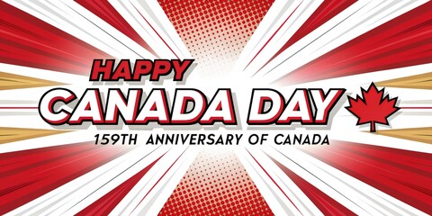 Happy Canada Day Comic Style with Maple Leaf and Red Rays