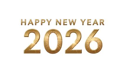 Happy New Year 2026 gold text on transparent background